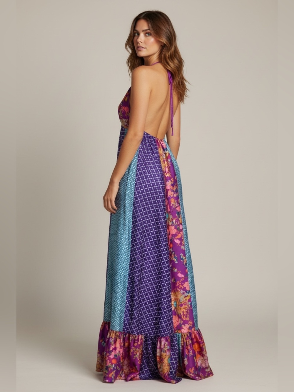 Jenny Han Silk Mix Print Halter Maxi Dress Size L